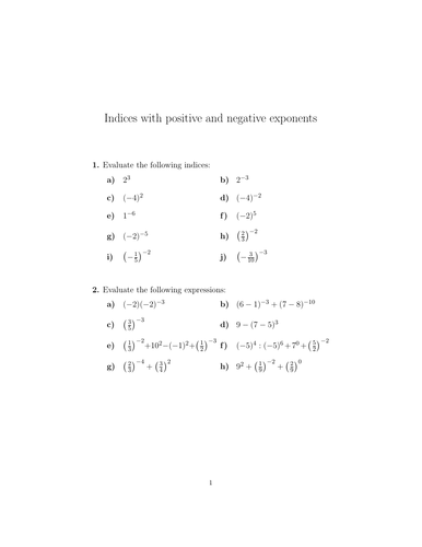 Indices With Positive And Negative Exponents Worksheet (with Solutions 