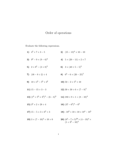 Order of operations (expressions with powers) worksheet (with solutions ...