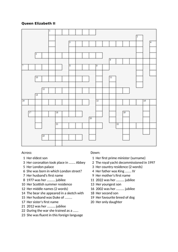 Queen Elizabeth II crossword puzzle Teaching Resources