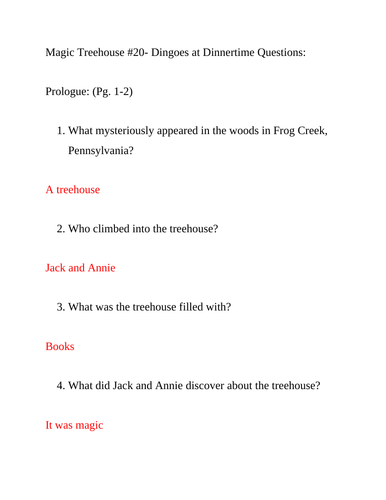 Reading Comprehension- Magic Treehouse #20- Dingoes at Dinnertime