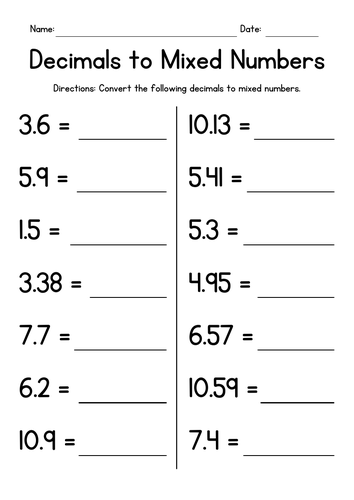 Converting Decimals to Mixed Numbers | Teaching Resources