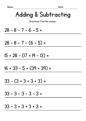 Adding & Subtracting with Parenthesis Worksheets | Teaching Resources