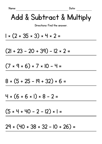 Order of Operations - Add & Subtract & Multiply