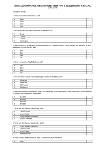 GCSE History American West Multiple Choice Questions | Teaching Resources