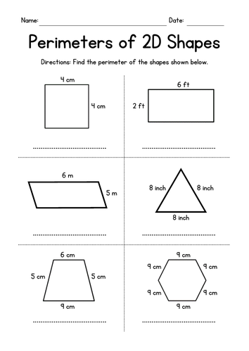 Geometry Worksheets - Perimeters of 2D Shapes