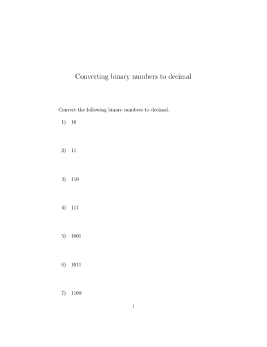 Converting binary numbers to decimal worksheet (with solutions ...