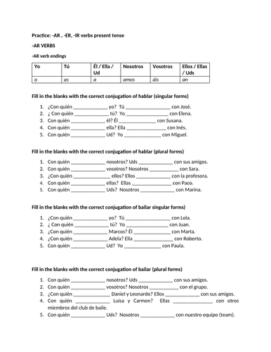 Present tense ar er ir practice worksheet | Teaching Resources