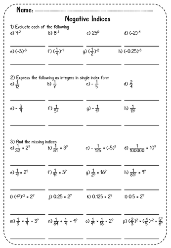 Laws of Indices / Exponents - Negative Indices Worksheet | Teaching ...