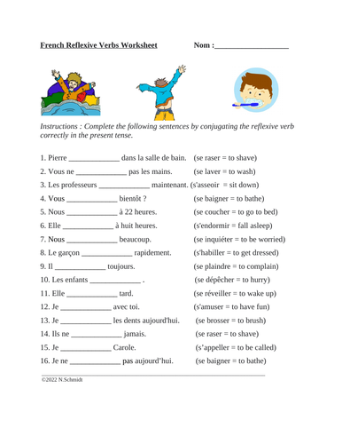 Reflexive Verbs In French Worksheet