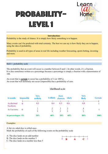 Probability - Level 1 - Learn at home | Teaching Resources