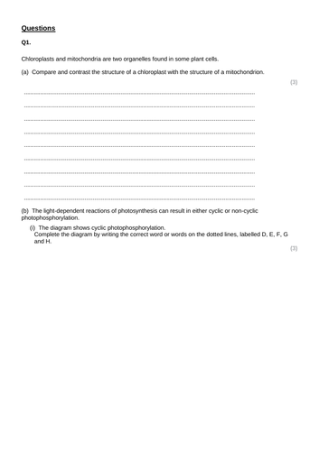 UNIT 4 A LEVEL BIOLOGY WORK SHEET FOR EDEXCEL TOPIC PHOTOSYNTHESIS ...