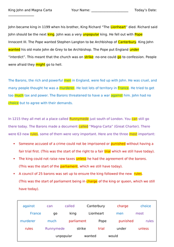 Magna Carta DIFFERENTIATED cloze | Teaching Resources