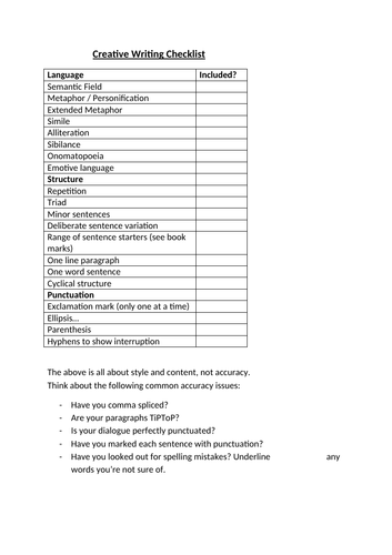 grade 9 creative writing checklist