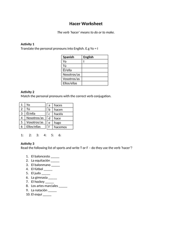 hacer-worksheet-teaching-resources