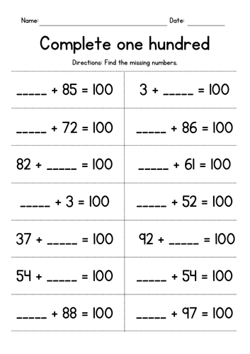 Completing One Hundred - Missing Addends