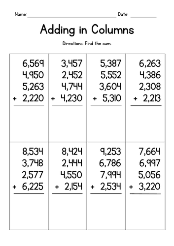 Adding Four 4-Digit Numbers in Columns