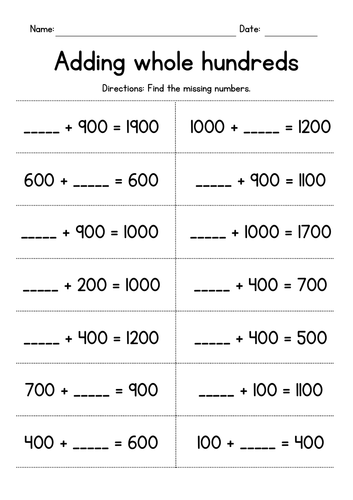 Adding Whole Hundreds - Missing Addends