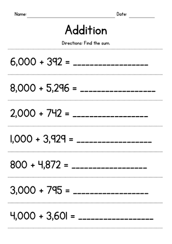 Adding Whole Thousands to 3-Digit and 4-Digit Numbers