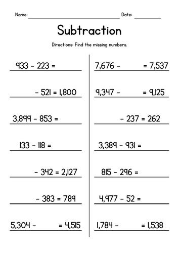 Subtraction with Missing Numbers - Subtracting Worksheets