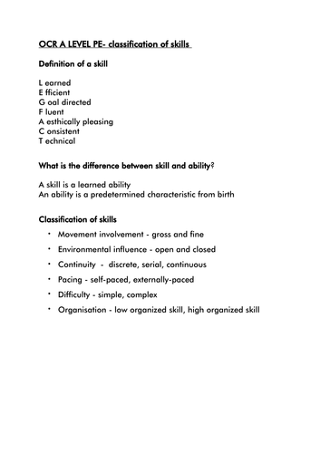 OCR A LEVEL/GCSE PE- classification of skills notes and flashcards ...