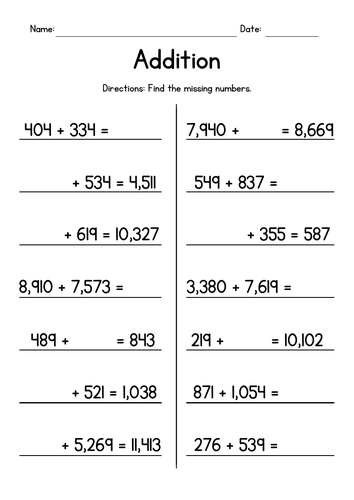 Adding 3-Digit and 4-Digit Numbers - Missing Addends