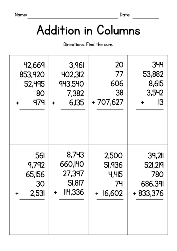 Adding Five Numbers in Columns - Addition Worksheets