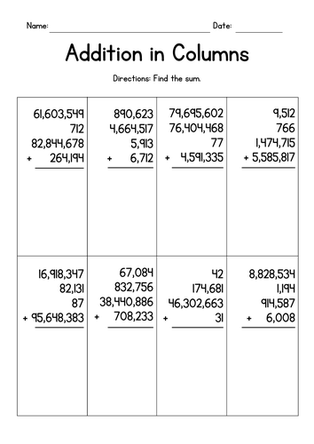 Adding Four Large Numbers in Columns - Addition Worksheets