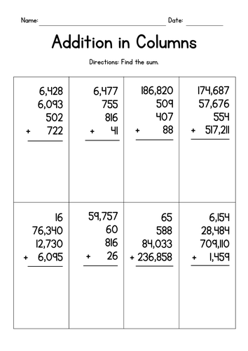 Adding Four Numbers in Columns Worksheets