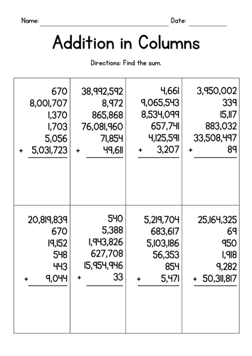 Adding Six Large Numbers in Columns