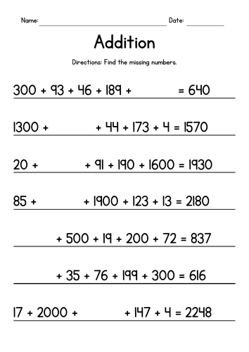 Adding with Missing Addends Worksheets