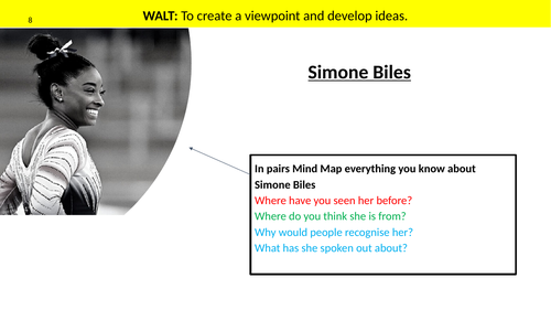 Simone Biles/ Piers Morgan. Identify viewpoint. One off/ cover lesson