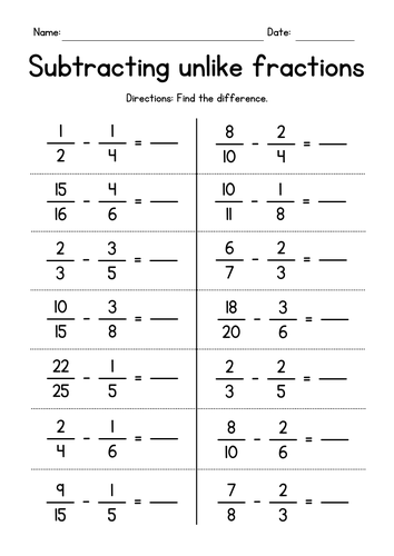 Subtraction of Unlike Fractions - Subtracting Worksheets