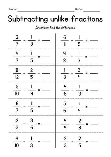 Subtracting Unlike Fractions Worksheets