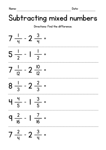 Subtracting Mixed Numbers with Like Denominators