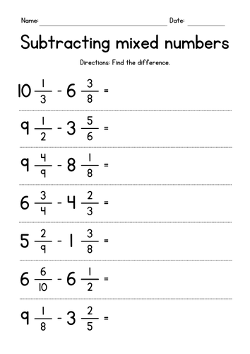 Subtracting Mixed Numbers (unlike denominators)