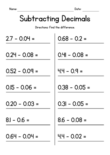 Subtracting Decimals - Subtraction Worksheets