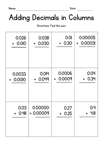 Adding Decimals in Columns Worksheets