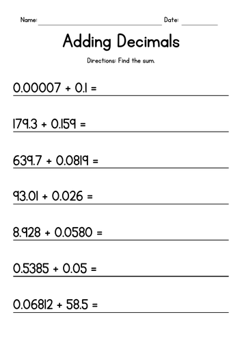 Adding Decimals - Addition Worksheets