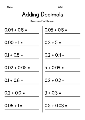 Adding Decimals - Addition Worksheets