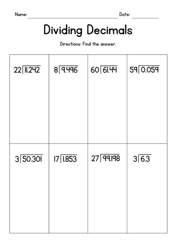 Dividing Decimals by Whole Numbers Worksheets