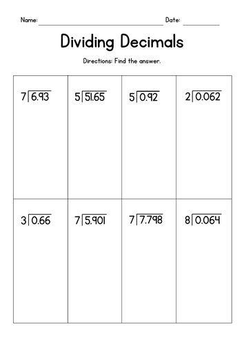 Dividing Decimals by Whole Numbers (no rounding)