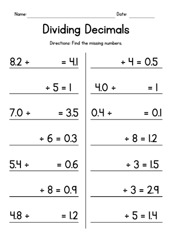 Dividing Decimals by Whole Numbers - Missing Numbers