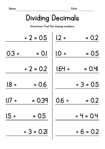 Dividing Decimals by Whole Numbers - Missing Numbers