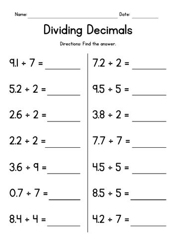 Dividing Decimals by Whole Numbers Worksheets