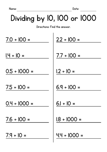 Dividing Decimals by 10, 100 or 1,000