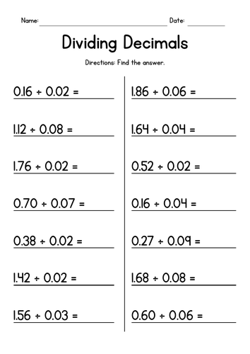 Dividing 2-Digit Decimals Worksheets