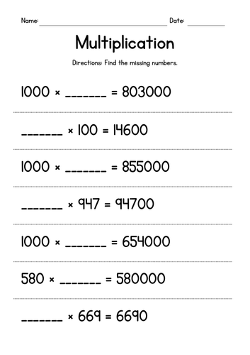 Multiplying by 10, 100 or 1,000 with Missing Numbers