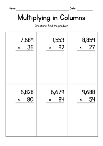 Multiplying in Columns - 2-Digit by 4-Digit Numbers