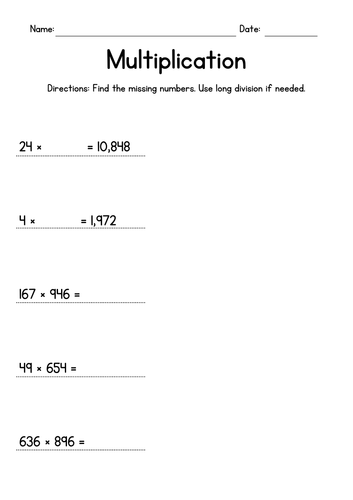 Multiplication Worksheets - Long Division (missing numbers)