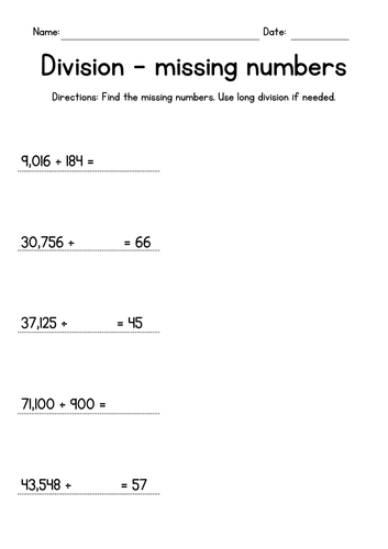 Long Division (missing dividend or divisor) Worksheets